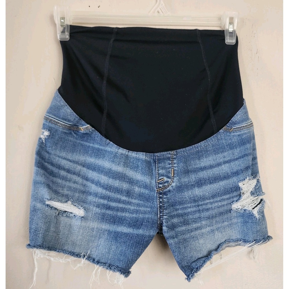 Isabel Maternity Sz 4/27 Crossover Panel Midi Short Distressed Denim Shorts